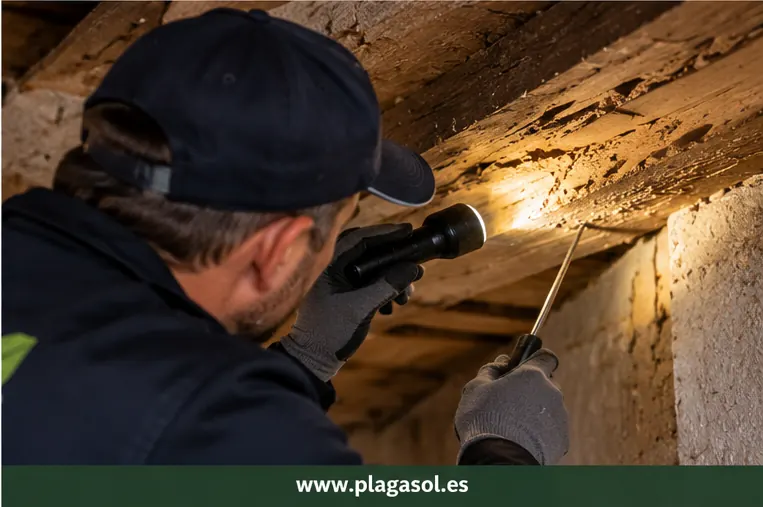 Inspección profesional de madera ante una posible presencia de termitas