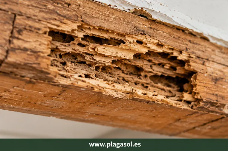 Madera con daños internos compatibles con la actividad de insectos xilófagos